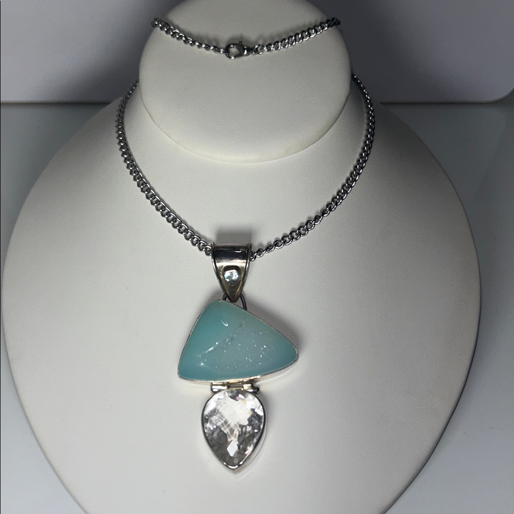 Artisan Made Sterling Silver Genuine Druzy Blue Topaz Quartz Crystal Necklace 125$